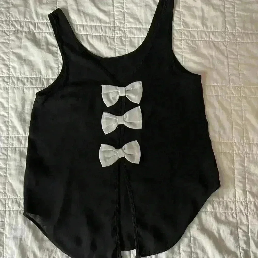 Y2k black sheer boxy tank‎ top delicate chiffon bow embellishment women’s med
